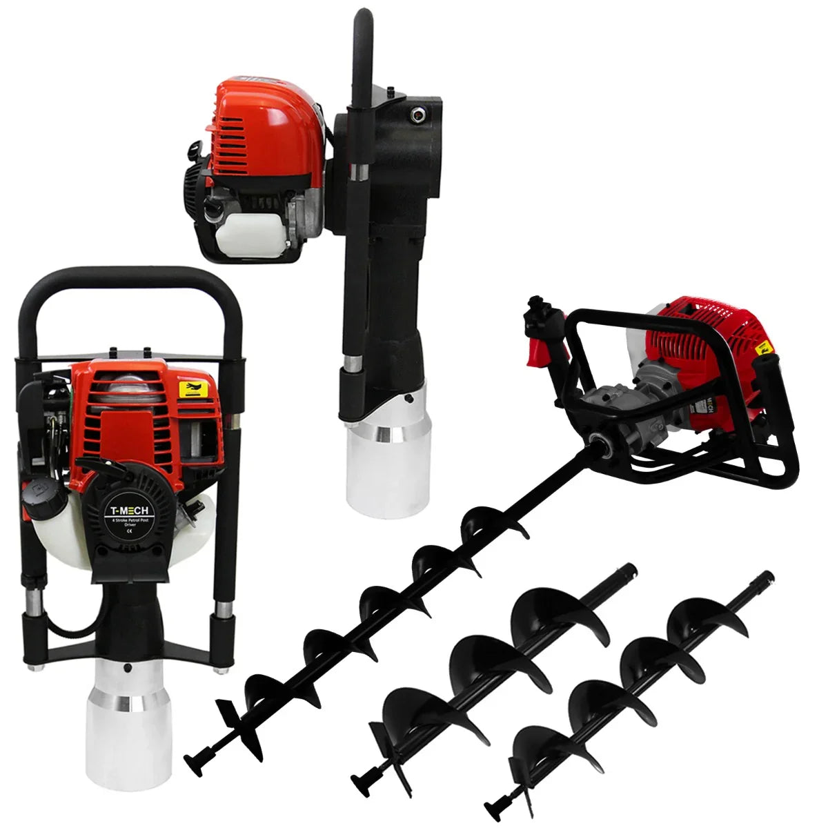 T-Mech Earth Auger with 4-Stroke Post Driver, featuring a red engine, sturdy black frame, and multiple black auger bits for versatile digging