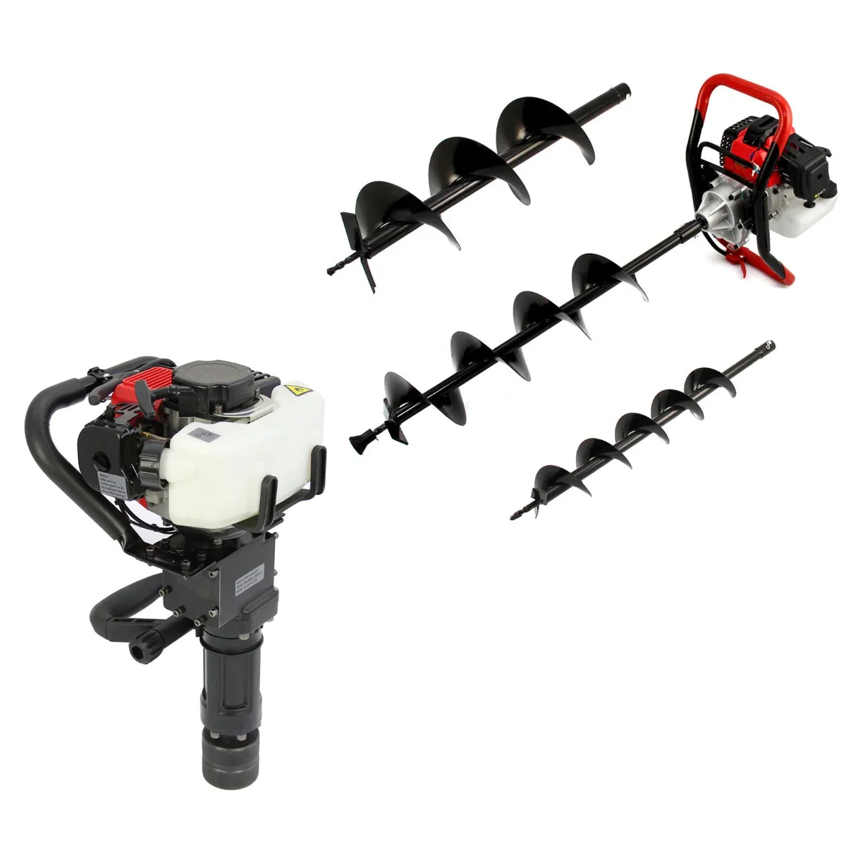 T-Mech Earth Auger with 2-Stroke Post Driver, featuring a black auger bit, sturdy red handle, and compact design for efficient digging