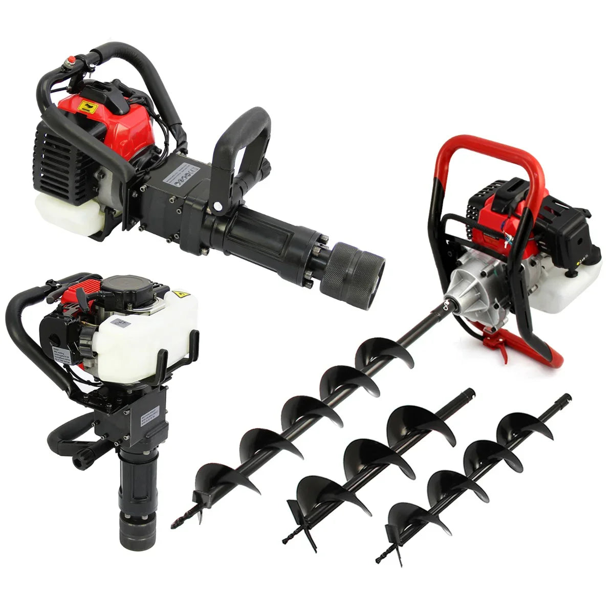T-Mech Earth Auger with 2-Stroke Post Driver features a powerful engine, durable black auger bits, and a sturdy red and black frame
