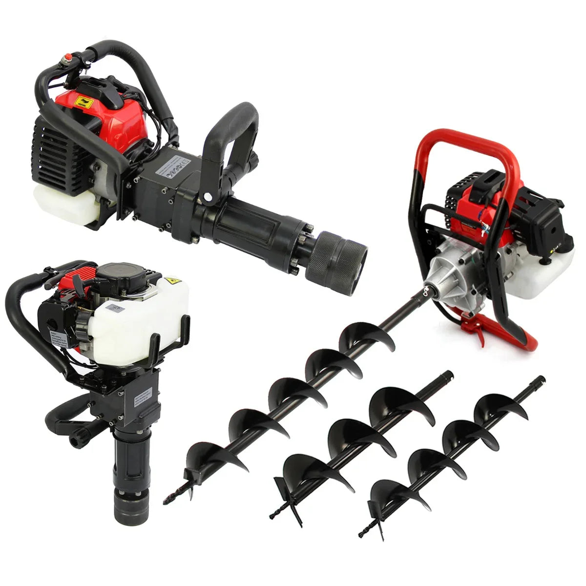 T-Mech Earth Auger and 2-Stroke Post Driver with black and red design, featuring multiple auger bits for versatile digging tasks