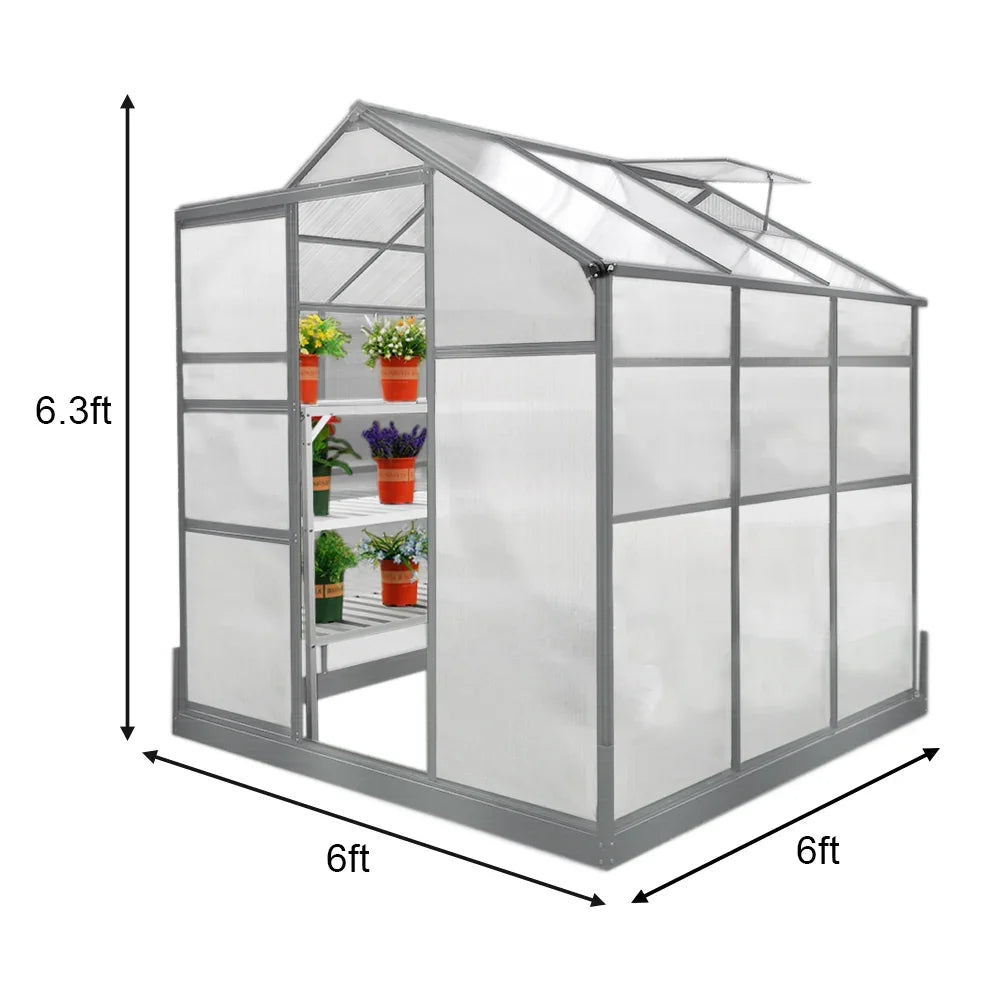 Greenhouse 6ft x 6ft with a sturdy base, featuring two water-resistant racks and clear panels for optimal sunlight exposure