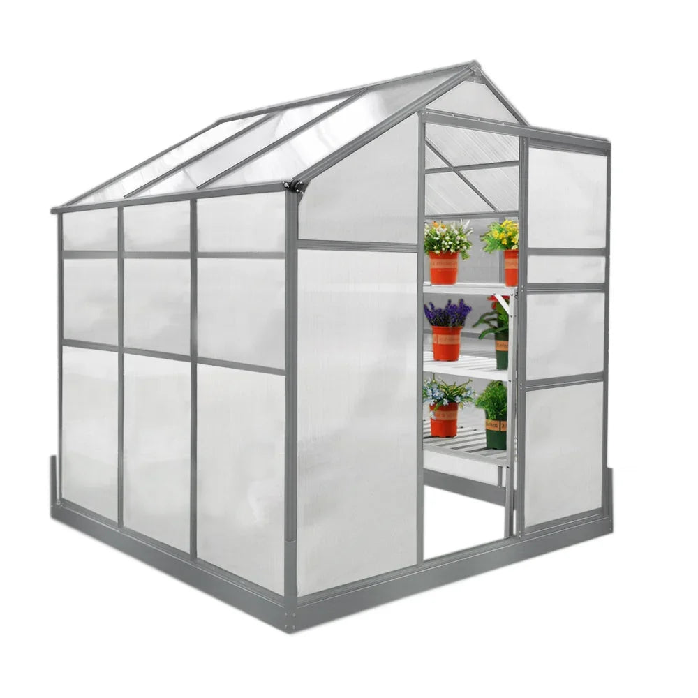 Greenhouse 6ft x 6ft with a sturdy base, featuring two water-resistant racks and clear panels showcasing vibrant plants inside