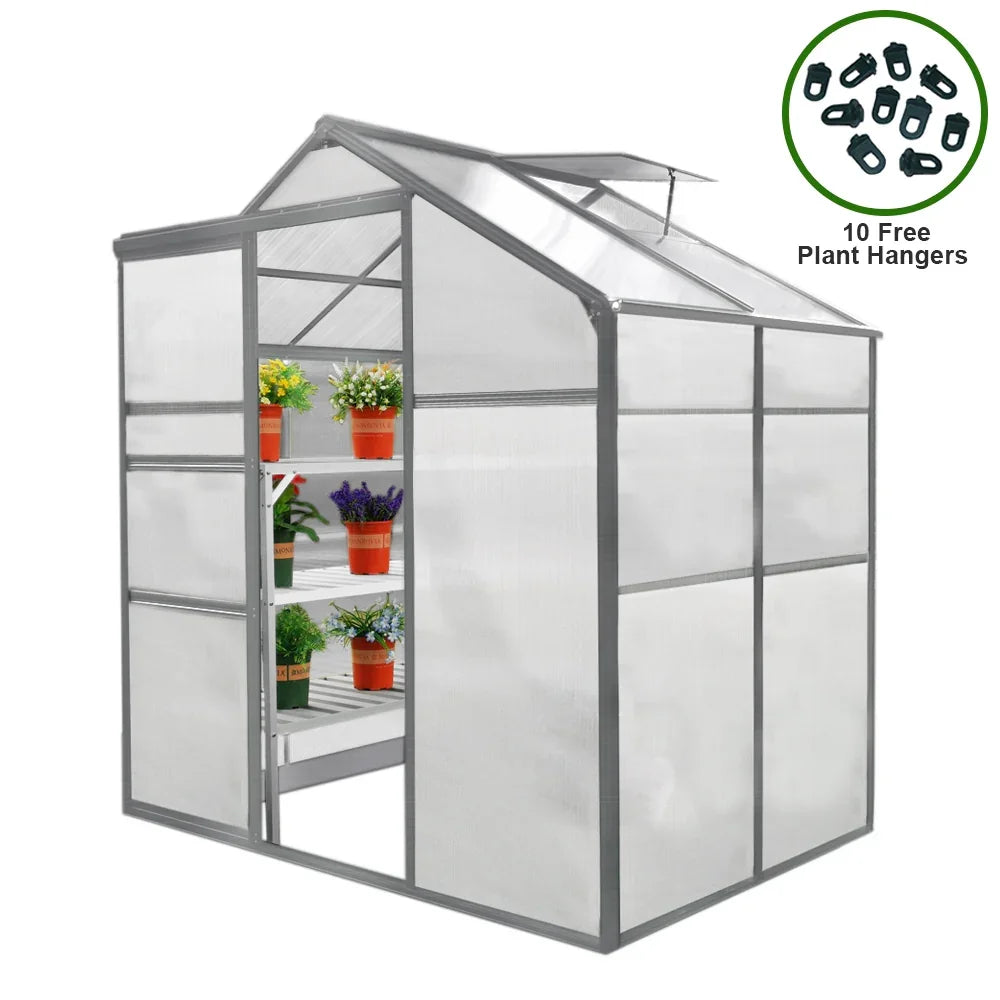 6ft x 4ft greenhouse with a silver frame, transparent panels, and potted plants inside, includes 10 free plant hangers