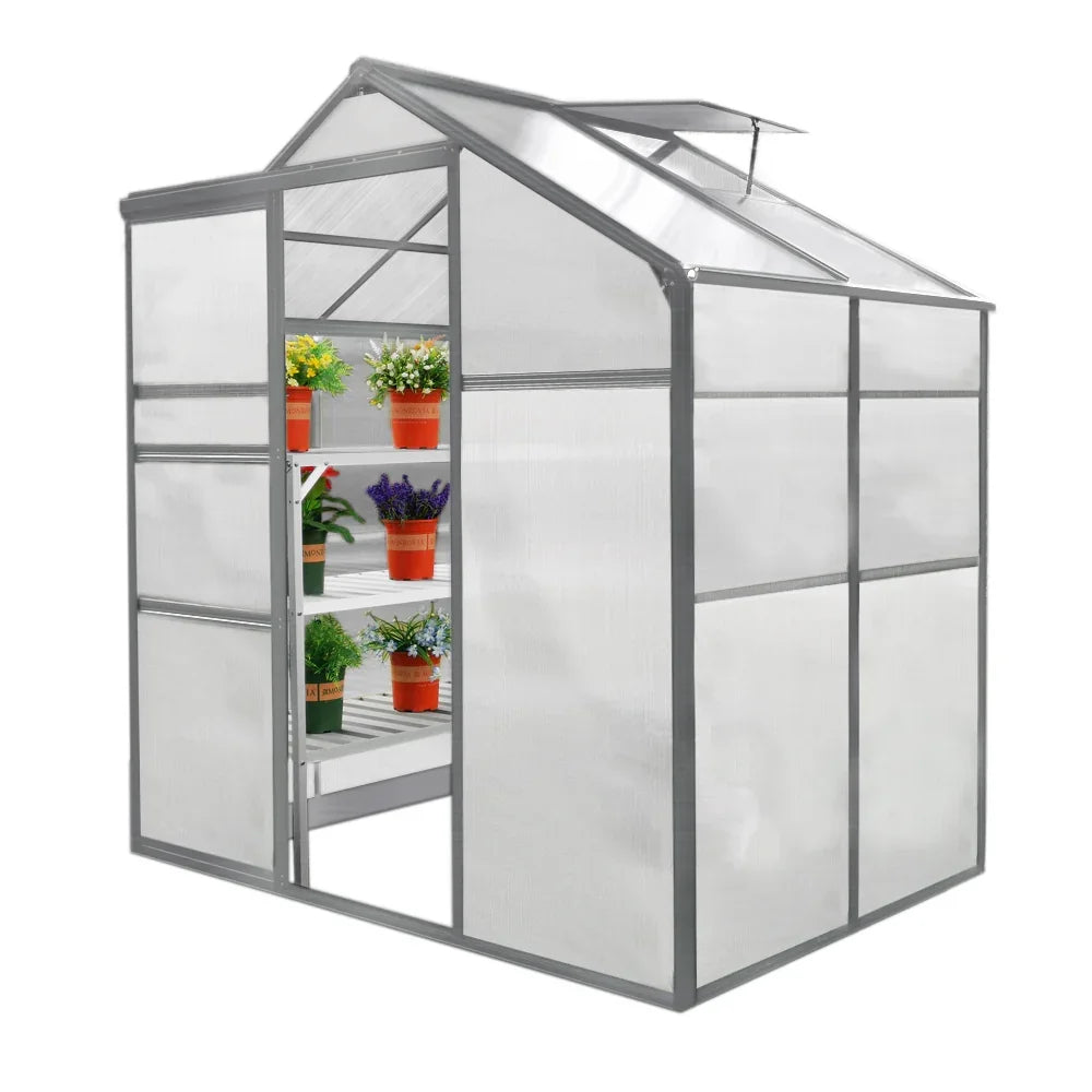 Greenhouse 6ft x 4ft with transparent panels, gray frame, and two water-resistant racks holding potted plants inside