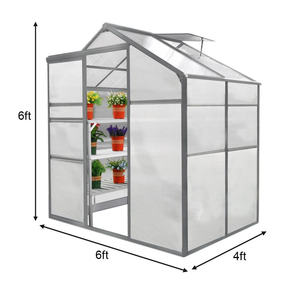 Greenhouse measuring 6ft x 4ft with clear panels, metal frame, and two water-resistant racks for plant organization and growth