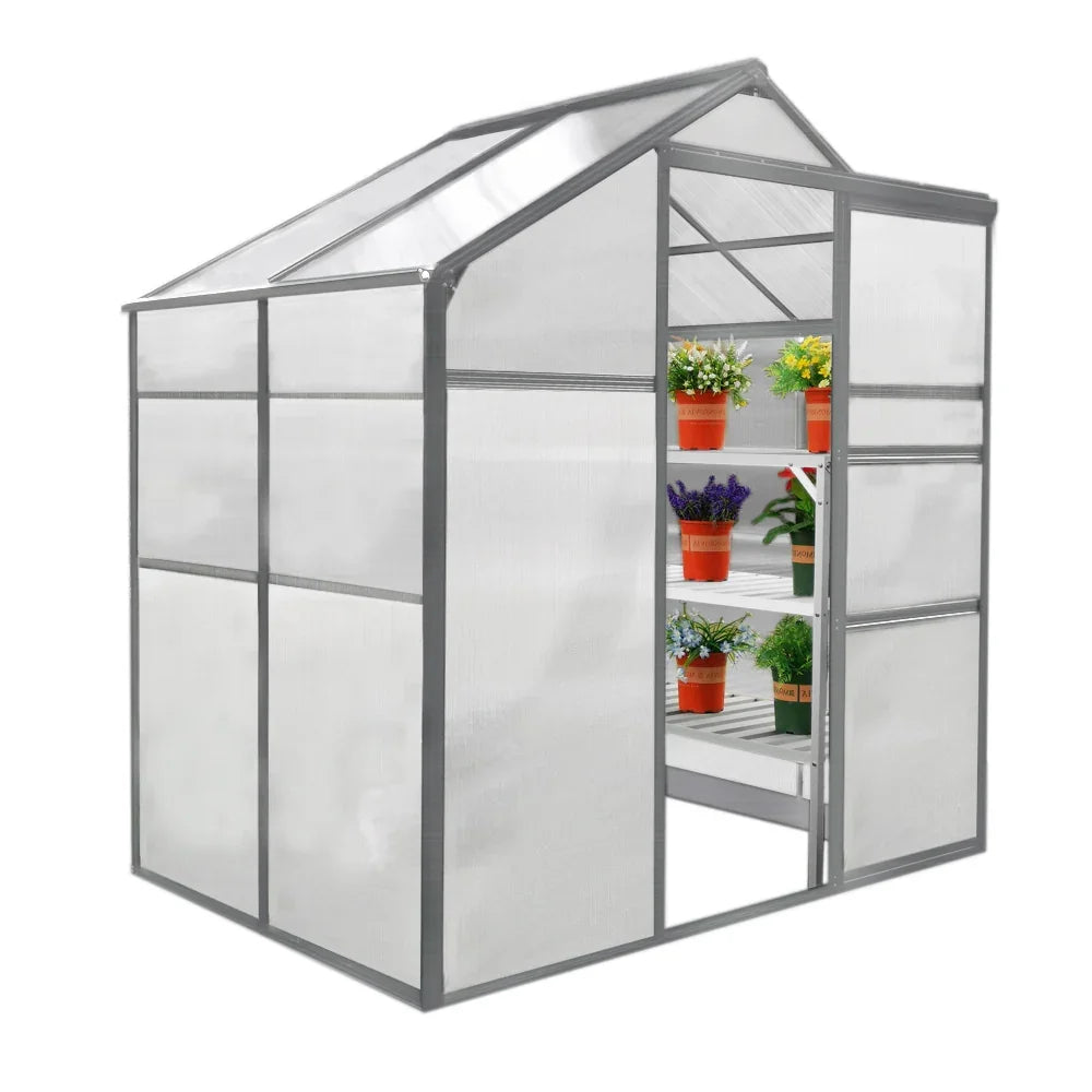 6ft x 4ft greenhouse with transparent panels, gray frame, and two water-resistant racks filled with potted plants inside