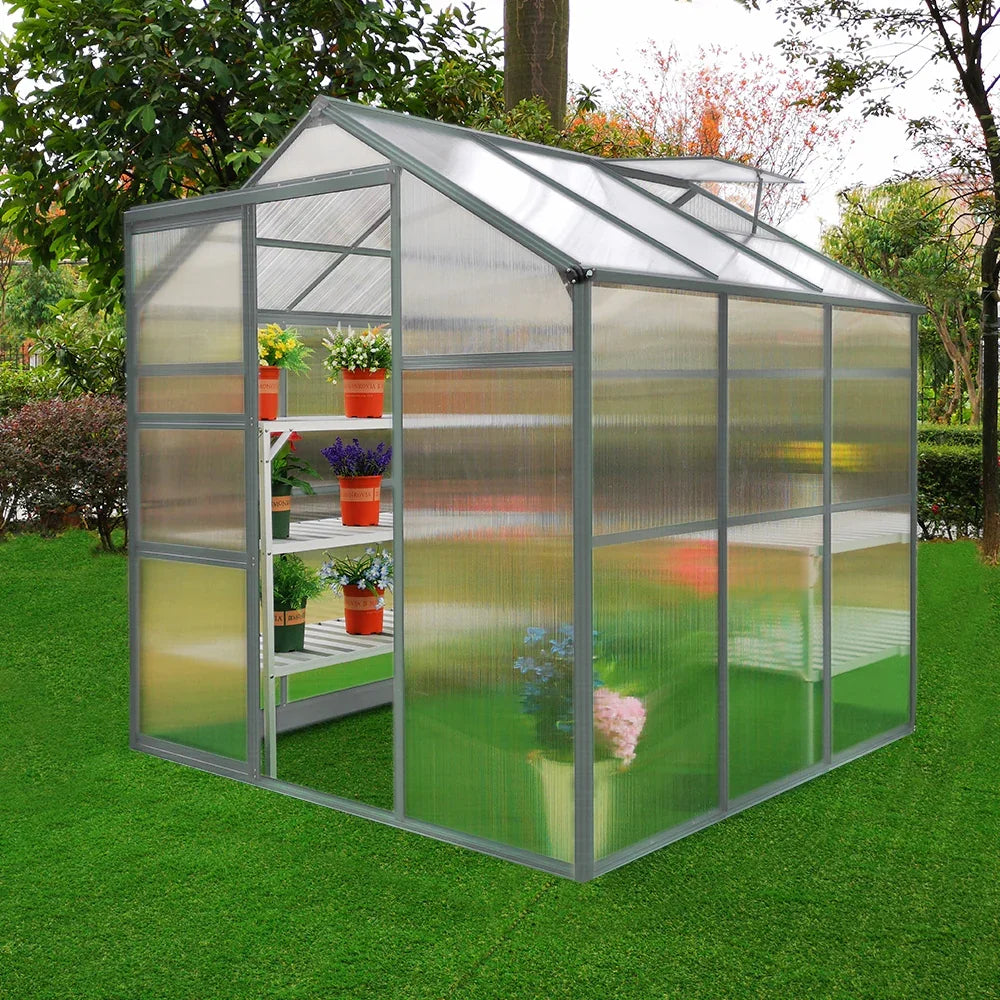 6ft x 6ft greenhouse featuring a transparent polycarbonate structure, metal frame, and shelves with potted plants on a grassy lawn