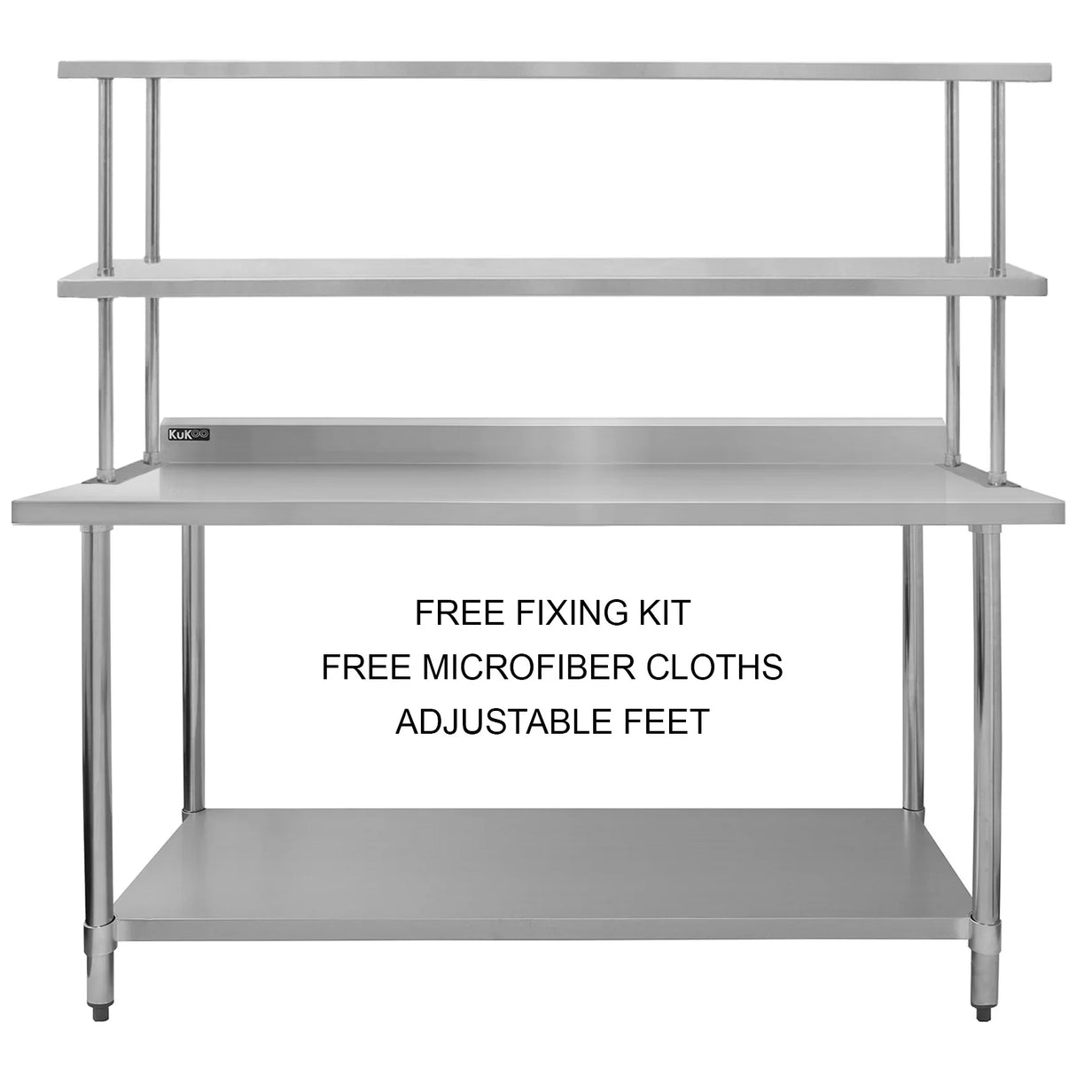 Kukoo 6ft catering bench with double over-shelf, stainless steel finish, sturdy construction, adjustable feet, includes fixing kit and microfiber cloths