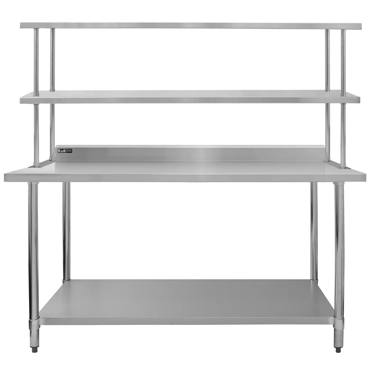 Kukoo 6ft catering bench in stainless steel with double over-shelf, featuring a smooth surface and sturdy legs for commercial use