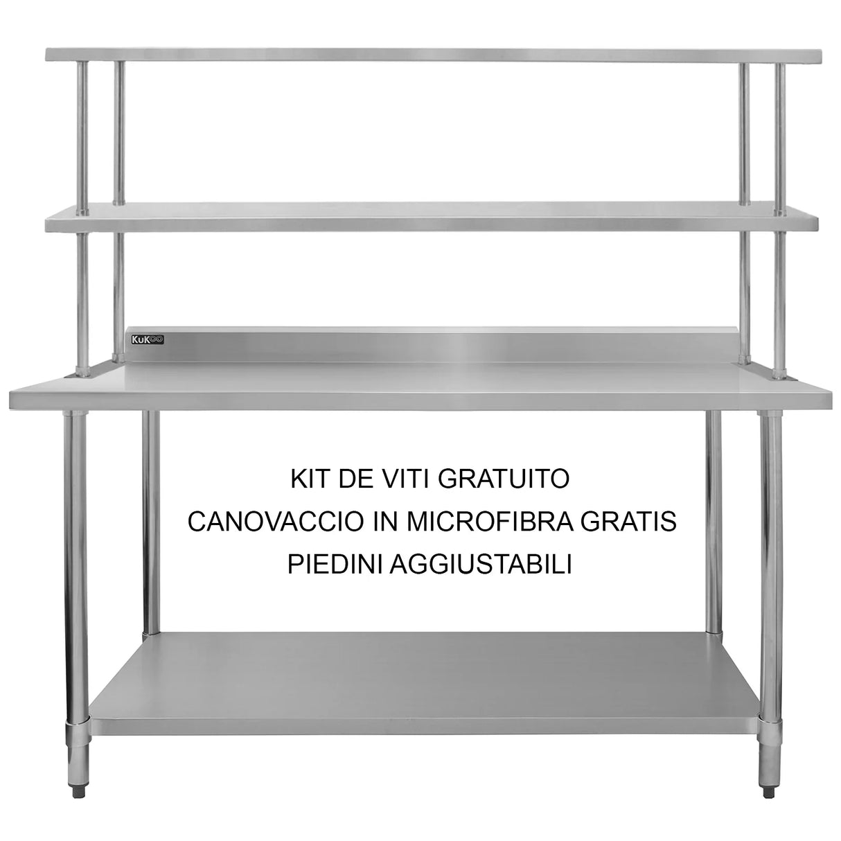 Kukoo 6ft catering bench with stainless steel surface, double over-shelf, adjustable feet, and included microfiber cloth kit