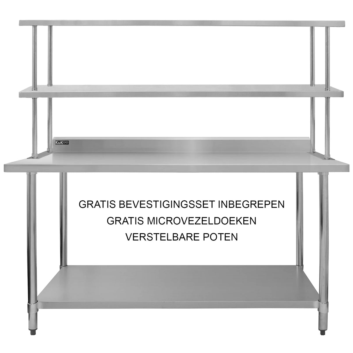 Kukoo 6ft catering bench in stainless steel with double over-shelf, featuring adjustable legs and included mounting kit and microfiber cloths
