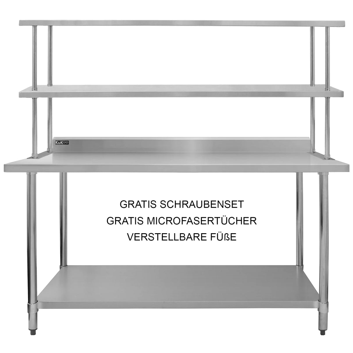 Kukoo 6ft catering bench with double over-shelf, stainless steel finish, adjustable feet, and included screw set and microfiber cloth