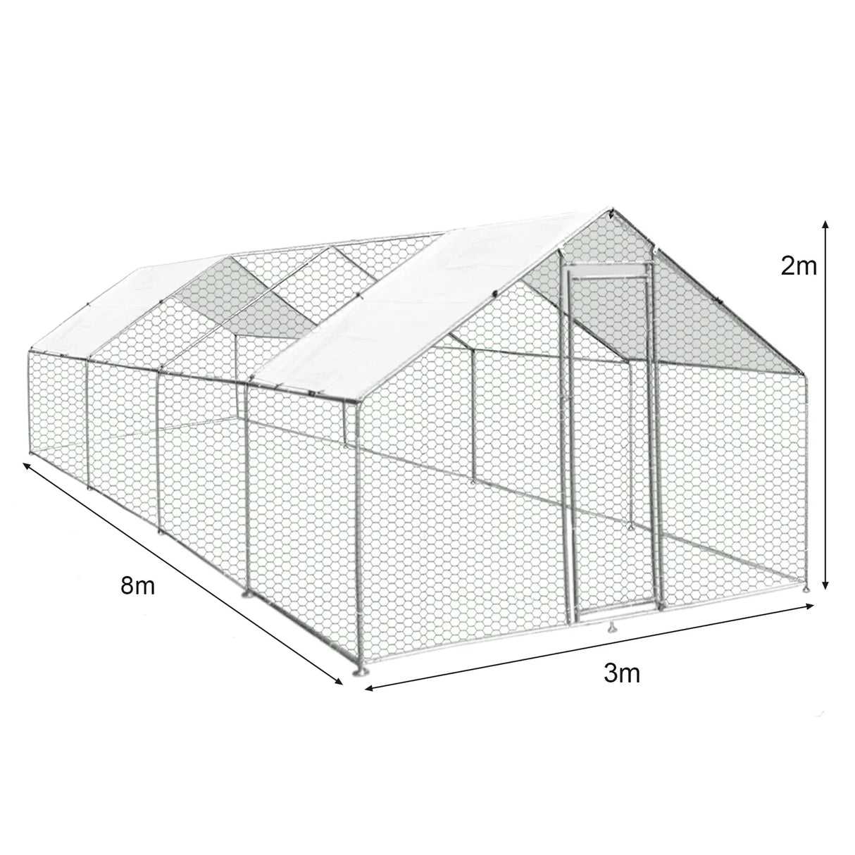 Spacious chicken run measuring 3m x 8m x 2m, featuring a sturdy metal frame, hexagonal wire mesh, and a protective roof cover