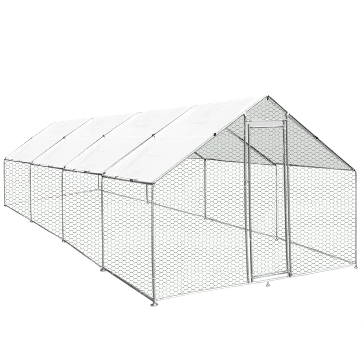 Spacious 3m x 8m x 2m chicken run with a sturdy metal frame, hexagonal wire mesh, and a protective white cover for outdoor use