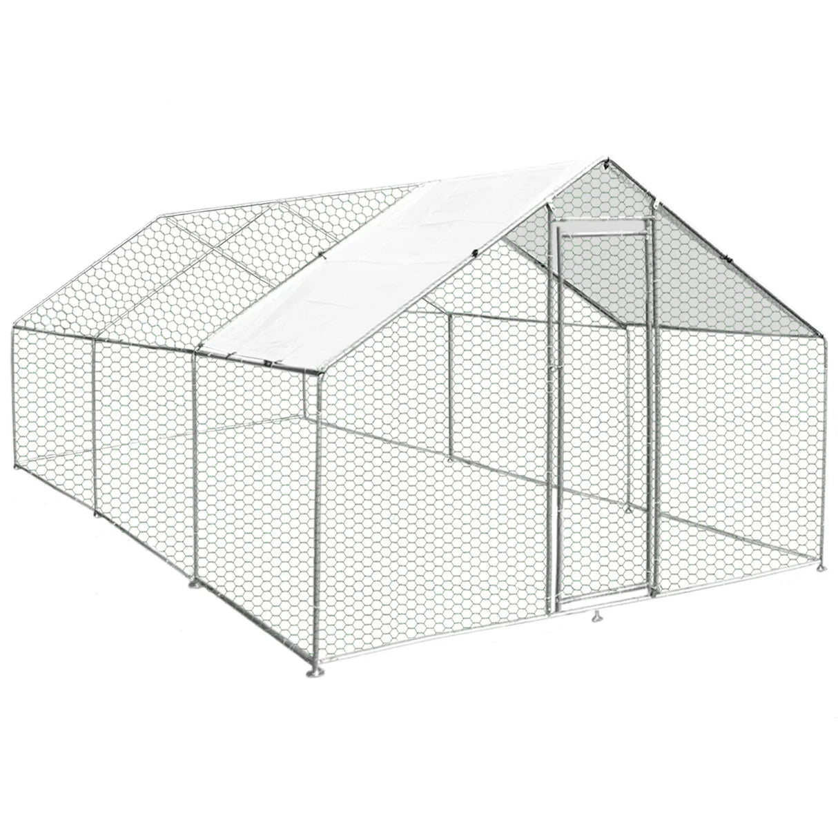 Spacious 4m x 6m x 2m chicken run with sturdy hexagonal wire mesh, featuring a sloped roof and secure entrance door for easy access