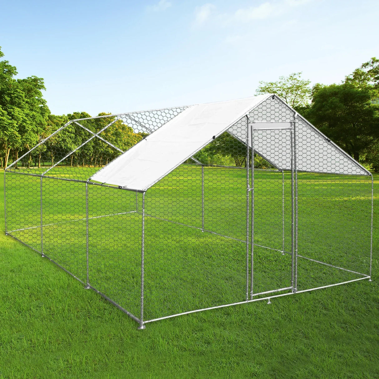 Spacious 4m x 6m x 2m chicken run with a sturdy metal frame, hexagonal wire mesh, and a sloped roof, set in a grassy outdoor area