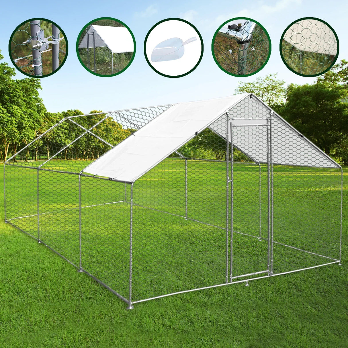 Spacious 4m x 6m x 2m chicken run with sturdy metal frame, hexagonal wire mesh, and a protective white canopy, set in a grassy outdoor area