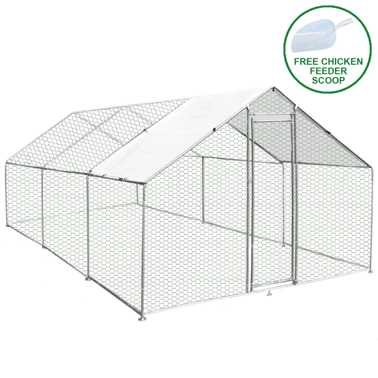 Spacious 4m x 6m x 2m chicken run with a sturdy hexagonal wire mesh, featuring a protective roof and a convenient access door