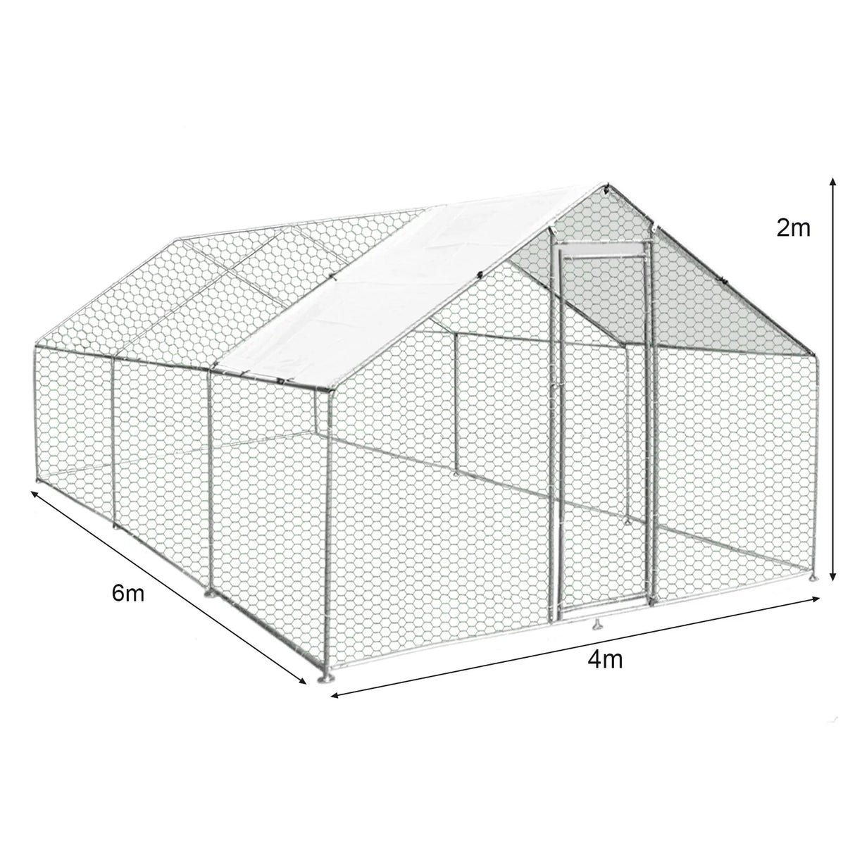 Spacious chicken run measuring 4m x 6m x 2m, featuring a sturdy hexagonal wire mesh design and a sloped roof for protection