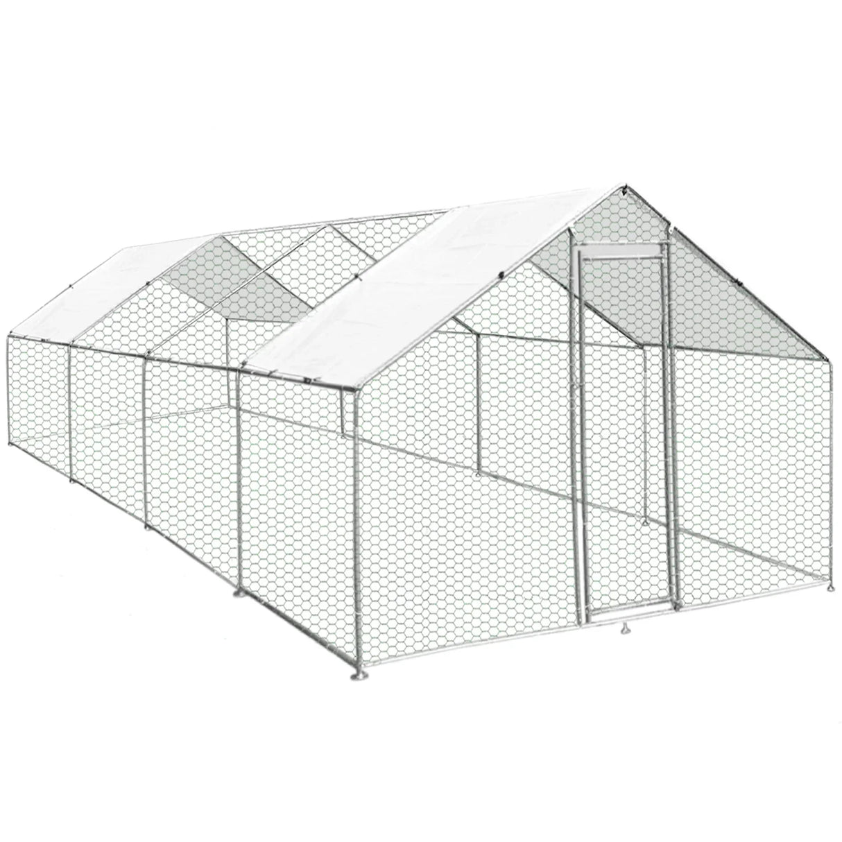 Spacious 4m x 8m x 2m chicken run with a sturdy metal frame, hexagonal wire mesh, and a protective cover for outdoor use