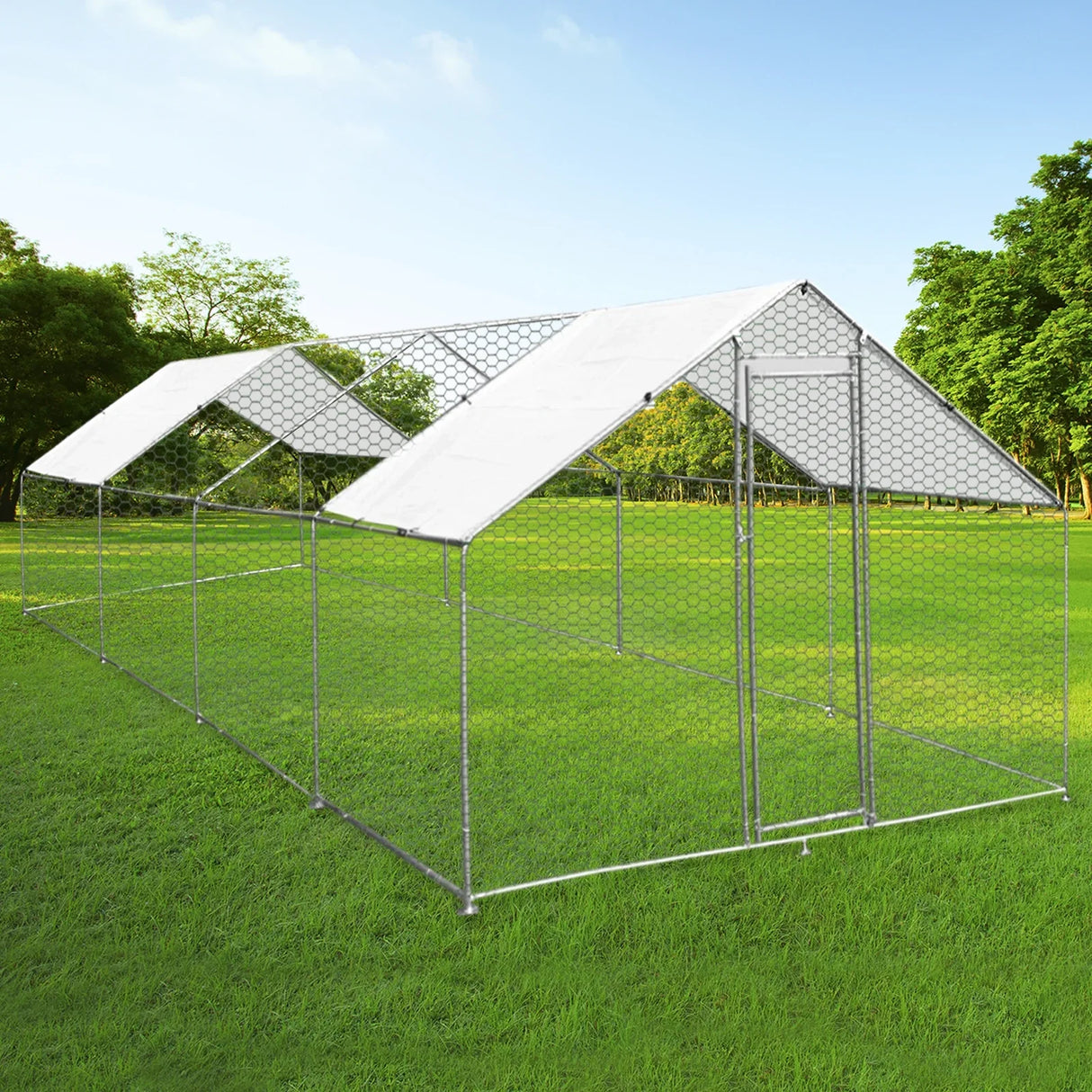Spacious 4m x 8m x 2m chicken run with a sturdy metal frame, hexagonal wire mesh, and a weather-resistant cover, set on green grass