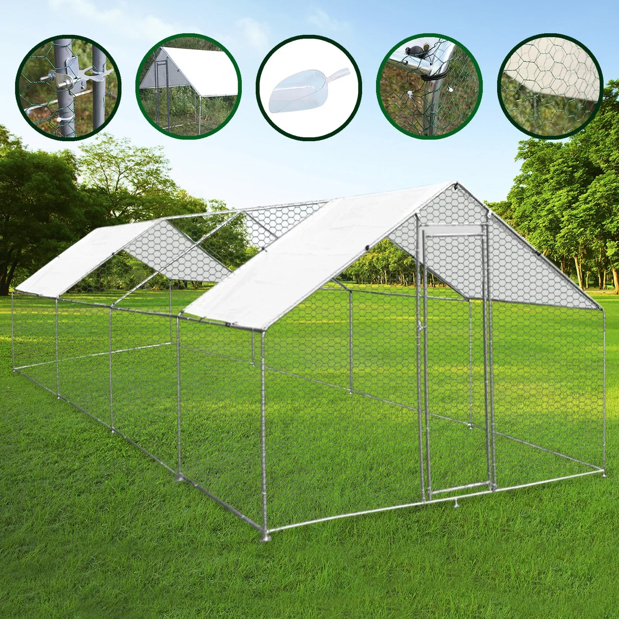 Spacious 4m x 8m x 2m chicken run with sturdy metal frame, hexagonal mesh, and waterproof cover, ideal for outdoor use