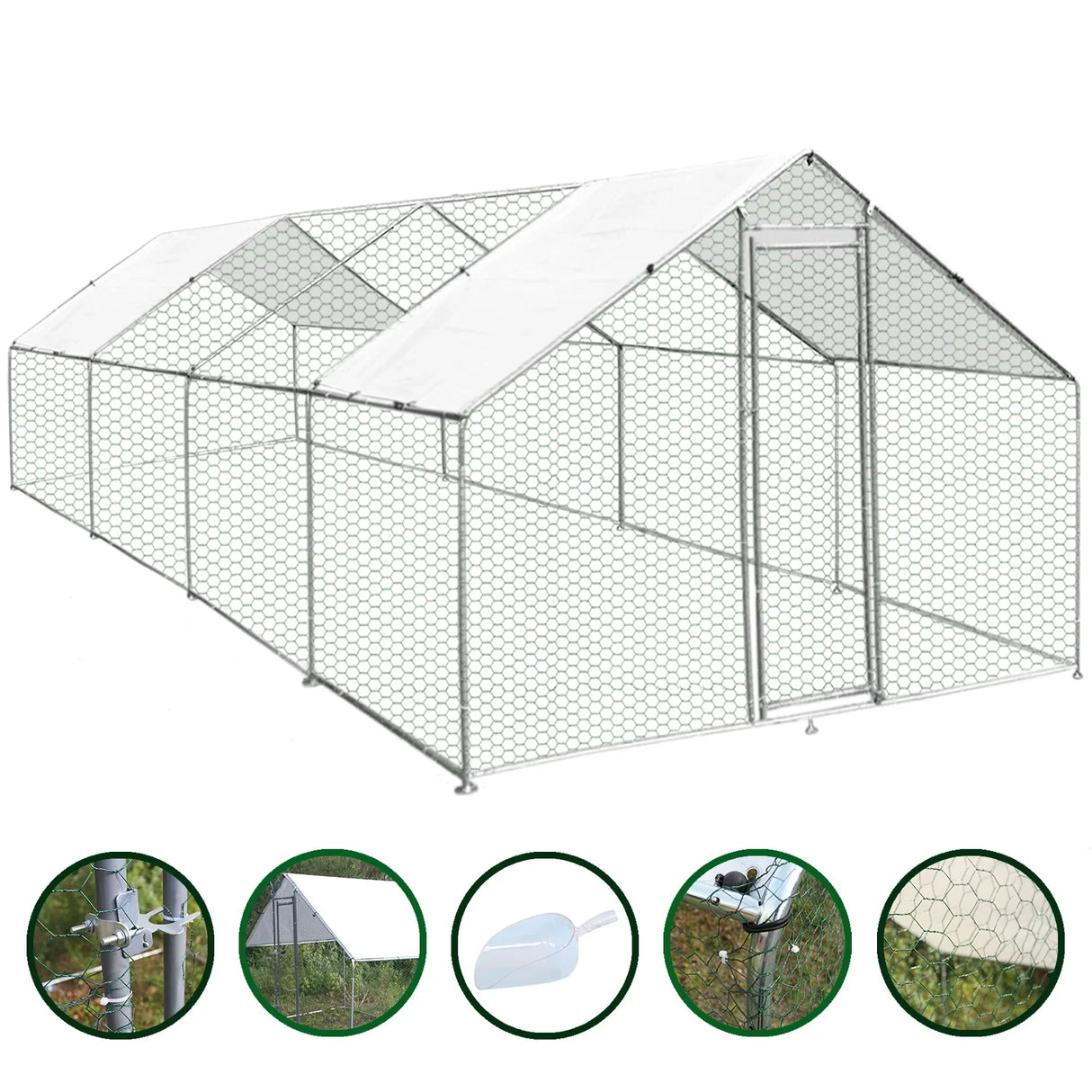 Spacious 4m x 8m x 2m chicken run with sturdy metal frame, hexagonal wire mesh, and a weather-resistant cover for outdoor use