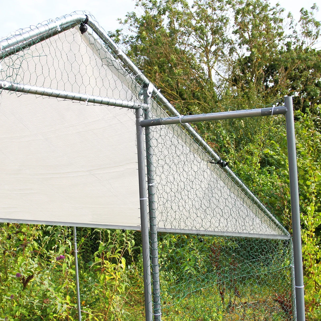 Durable chicken run featuring a sturdy metal frame, green wire mesh, and a protective canopy, ideal for outdoor poultry safety