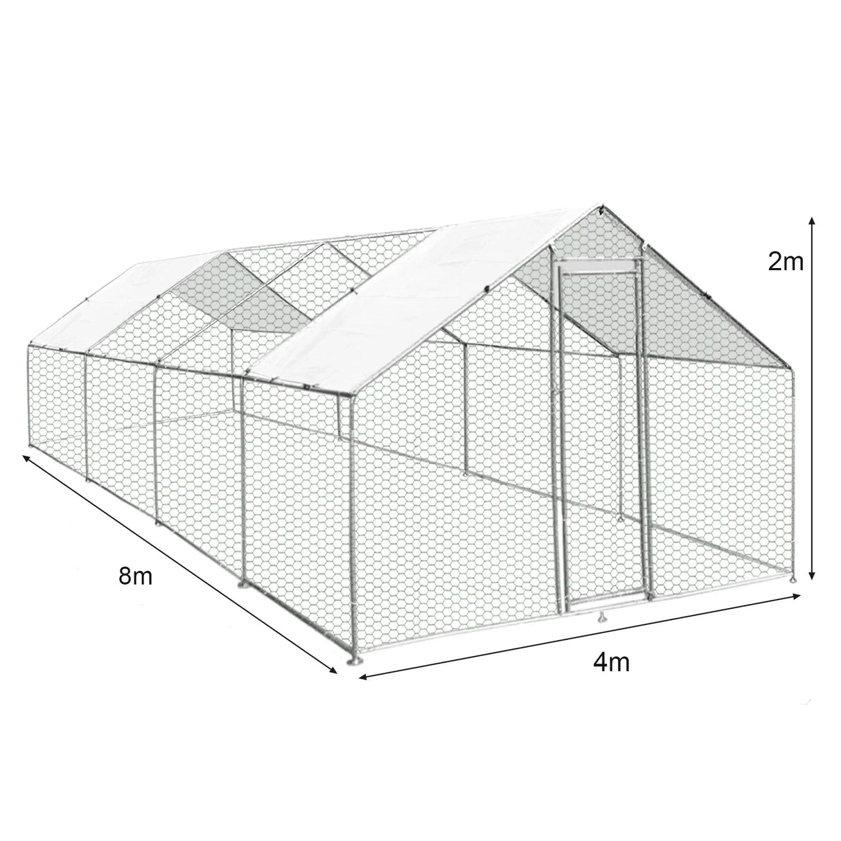 Spacious 4m x 8m x 2m chicken run with a sturdy hexagonal wire mesh design and a protective white cover for outdoor use