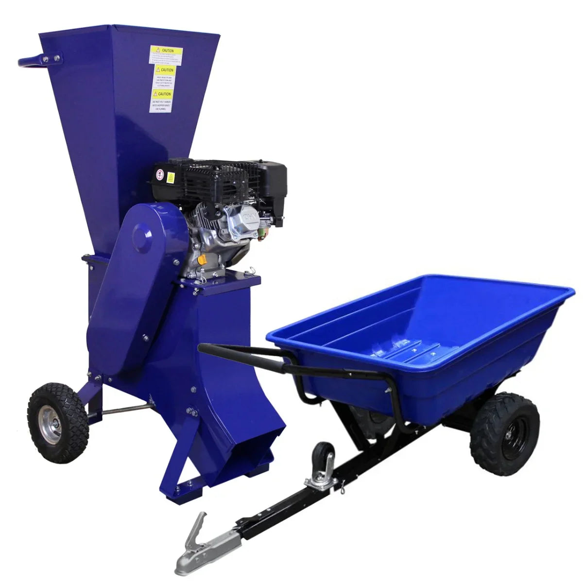 Blue ATV tipping trailer with off-road tyres alongside a 6.5HP wood chipper, featuring a sturdy design and durable materials