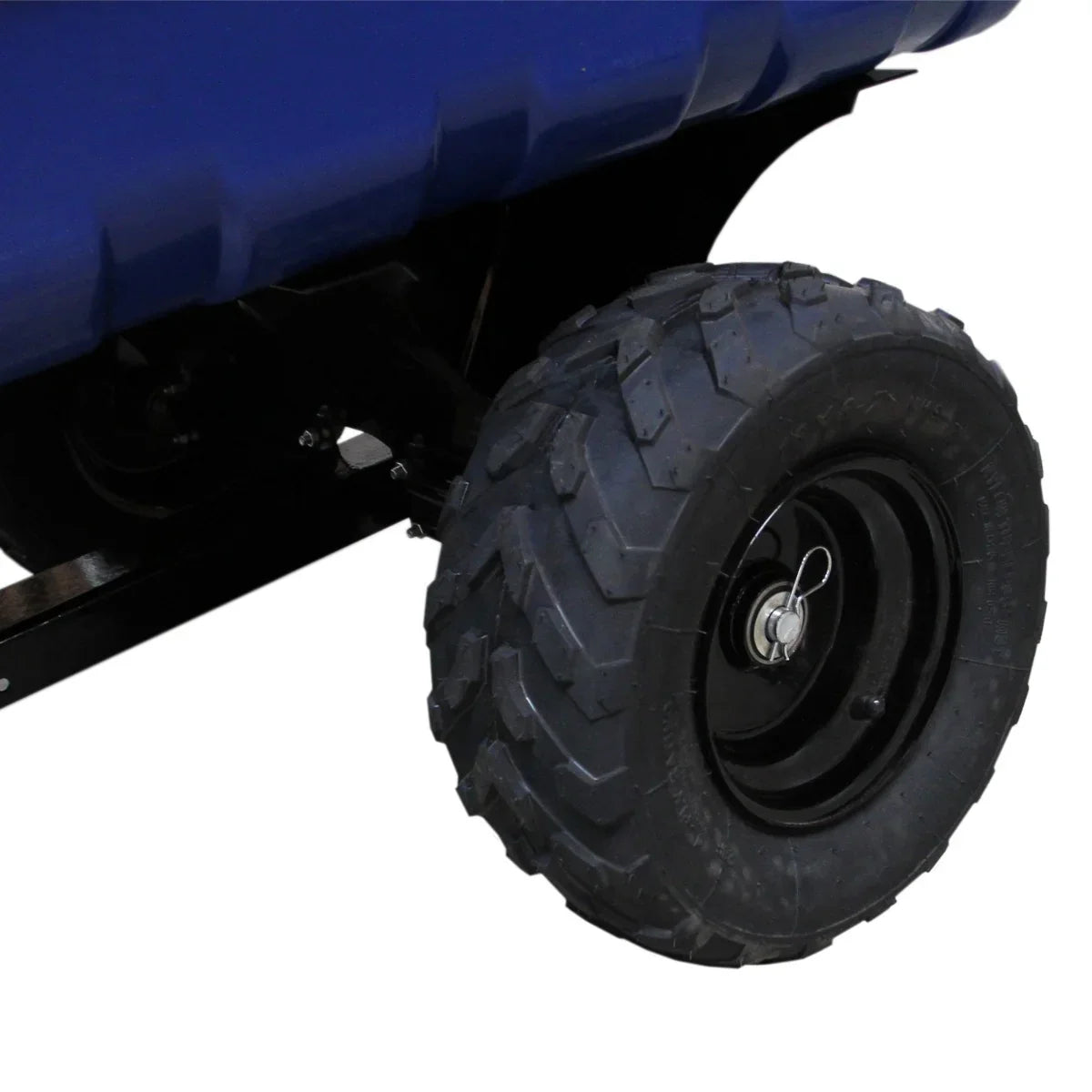 Heavy-duty ATV tipping trailer with off-road tyres, featuring rugged black rubber tread and a sturdy blue plastic body