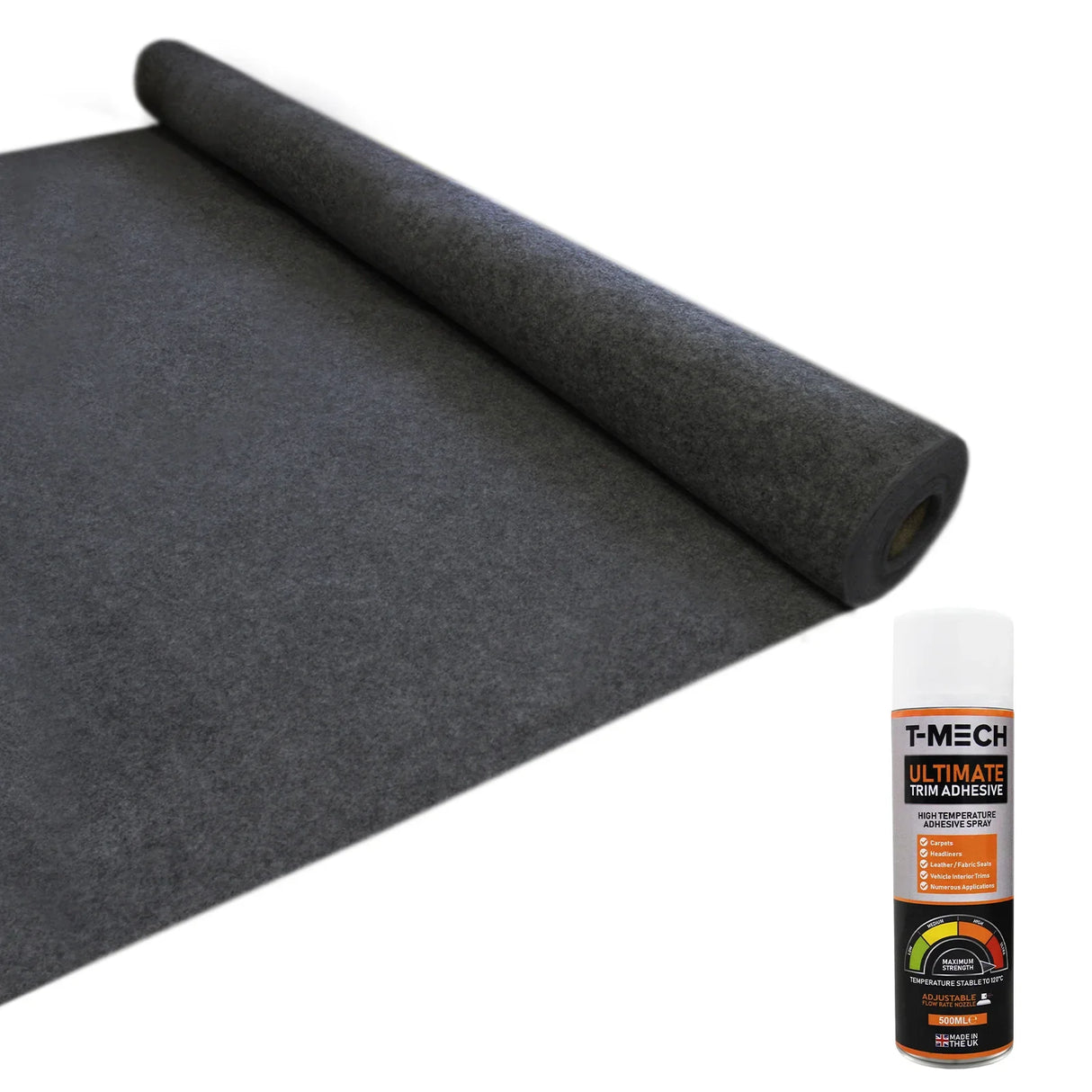 Anthracite dark grey van carpet lining roll with a soft texture, accompanied by five cans of T-MECH ultimate adhesive spray