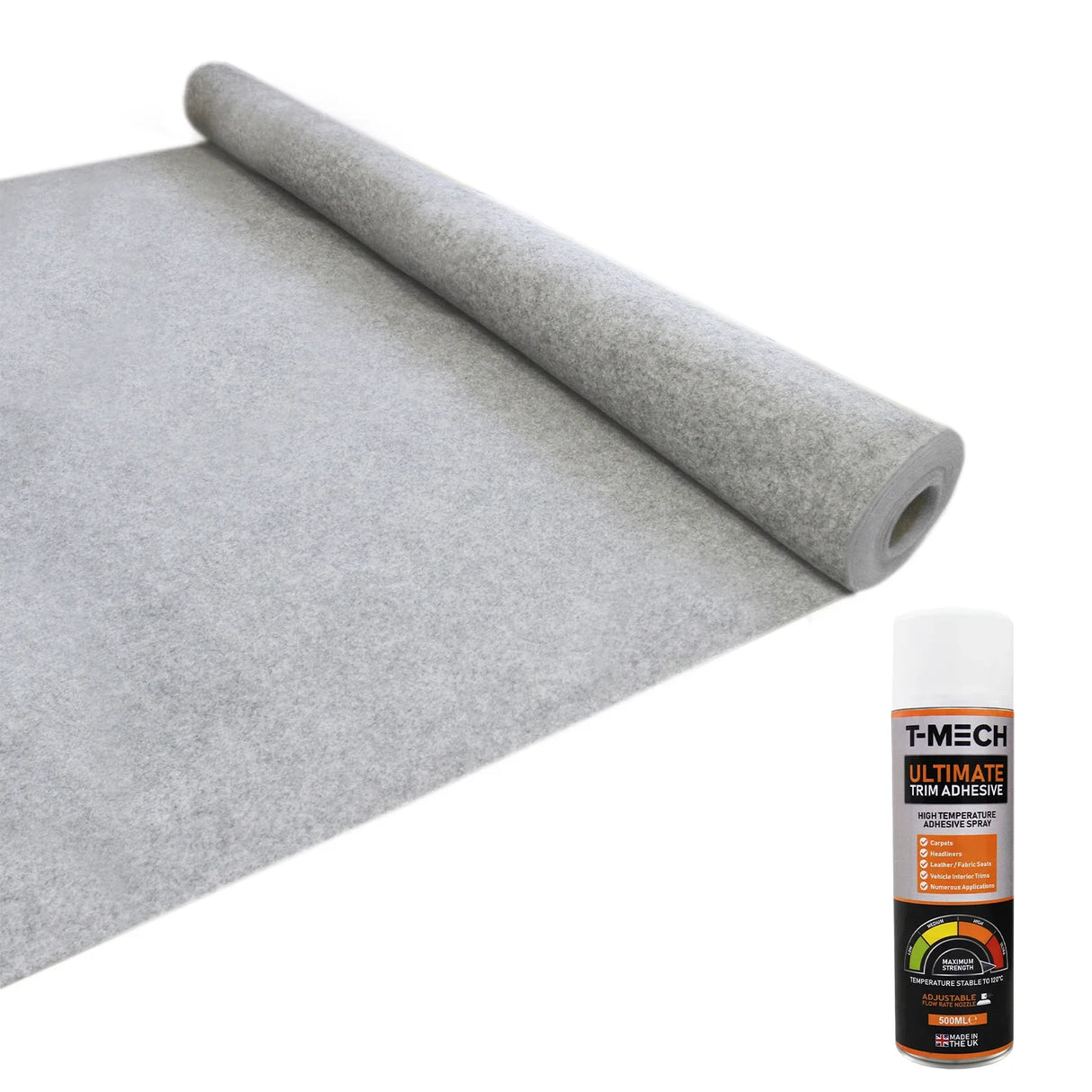 Silver grey van carpet lining roll with a soft texture, accompanied by five cans of T-MECH ultimate spray adhesive for easy installation