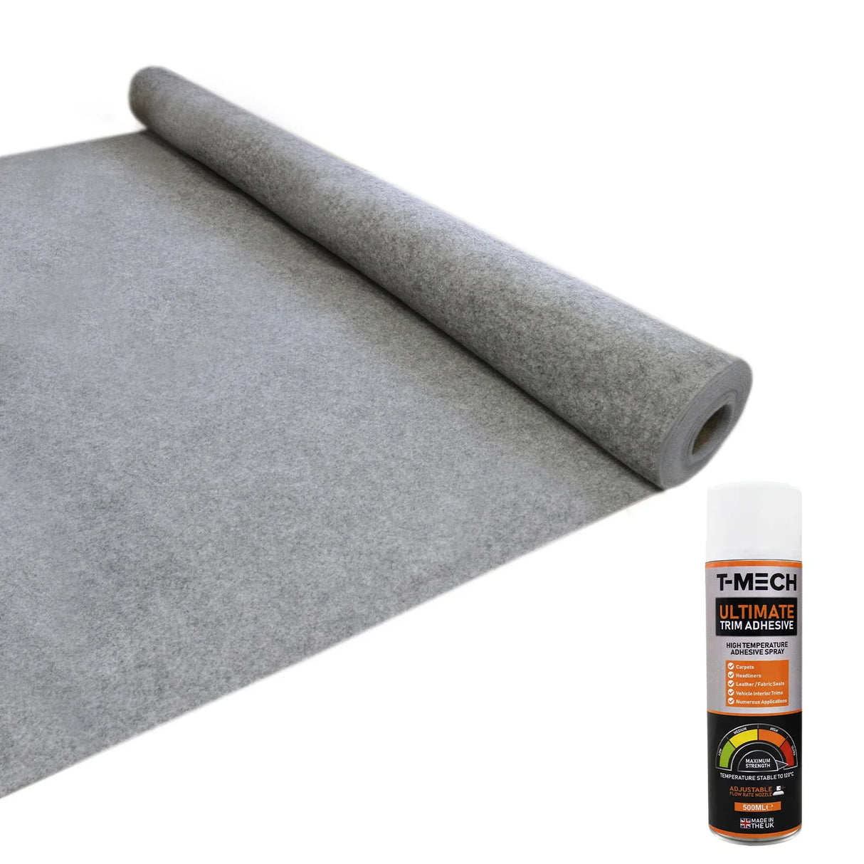 Gray van carpet lining roll alongside five cans of T-MECH ultimate spray adhesive, showcasing a soft, textured surface ideal for vehicle interiors