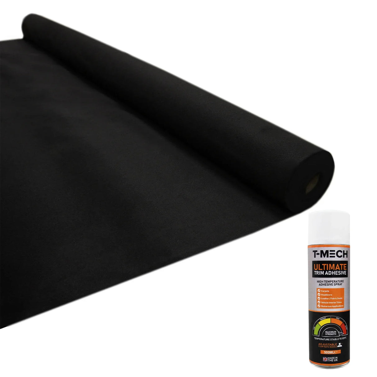 Black van carpet lining roll with a smooth texture, accompanied by five cans of T-MECH ultimate spray adhesive for easy installation