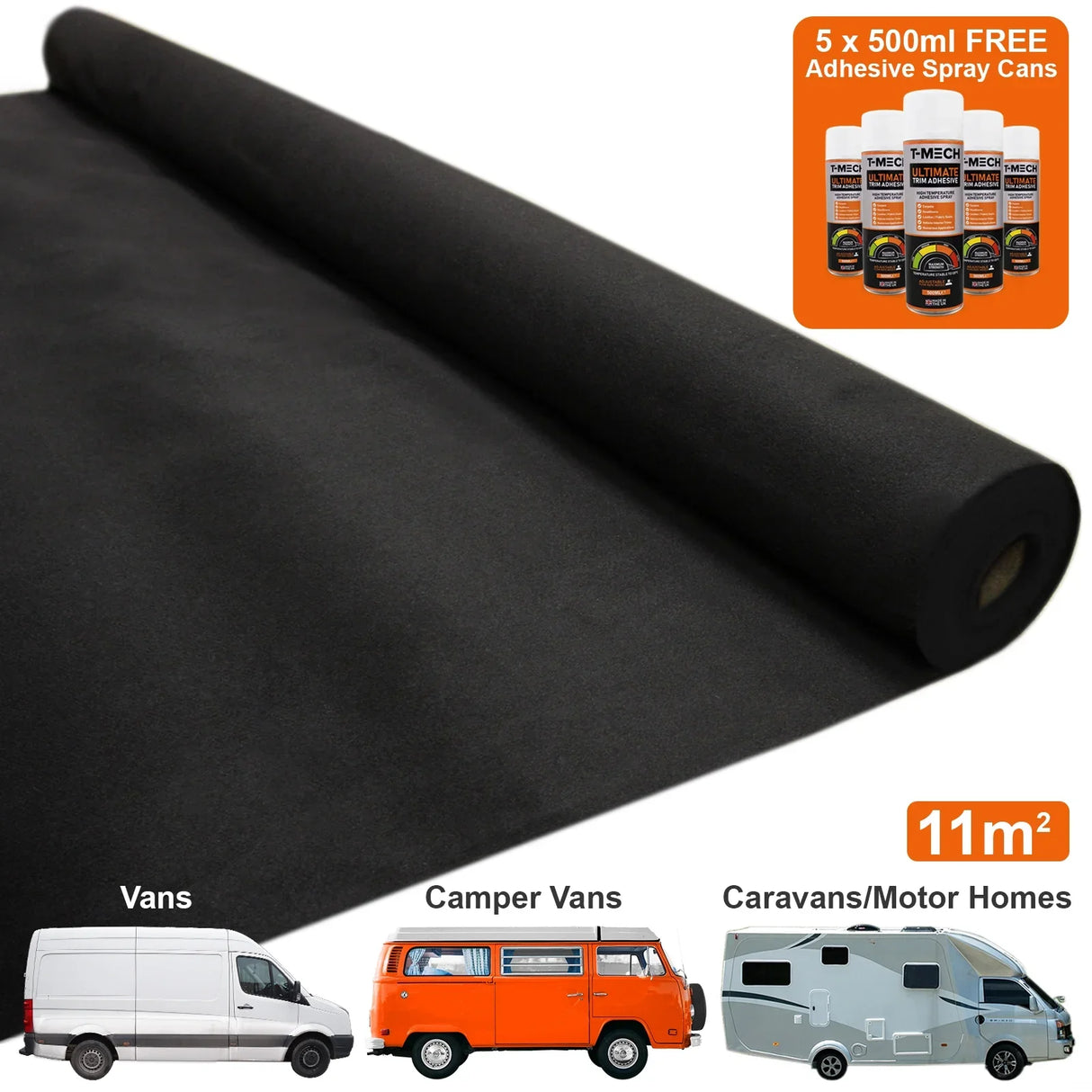 Black van carpet lining roll, 11m², soft texture, includes 5 adhesive spray cans for easy installation, ideal for vans and motorhomes