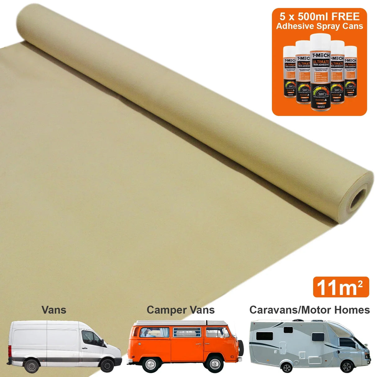 Wheat-colored van carpet lining roll with adhesive spray cans, ideal for vans, camper vans, and motor homes, covering 11m²