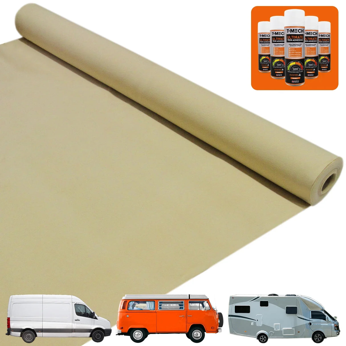 Wheat-colored van carpet lining roll with five adhesive cans, ideal for vehicle interiors, showcasing smooth texture and durability