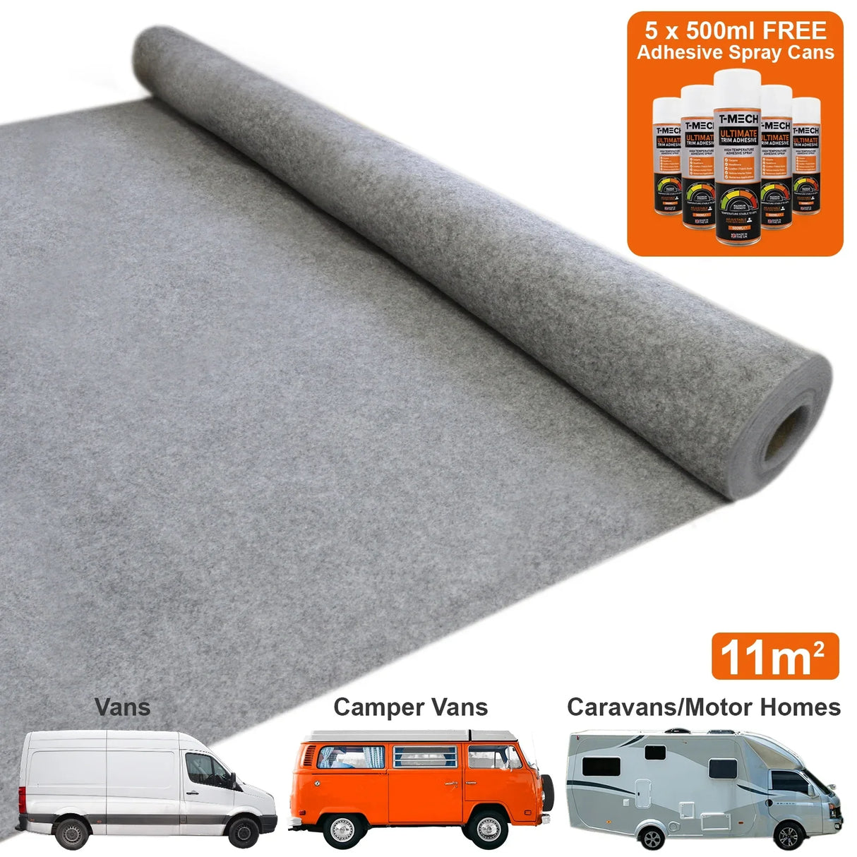Smoke-colored van carpet lining roll, 11m², featuring a soft texture, with five adhesive spray cans for easy installation