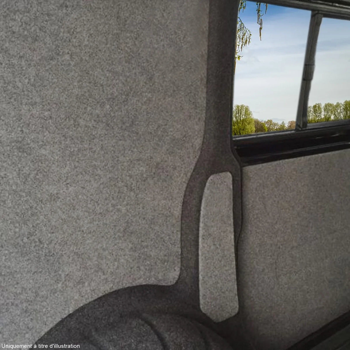 Silver grey van lining with smooth texture, featuring a camper kitchen view through a window, enhancing interior aesthetics