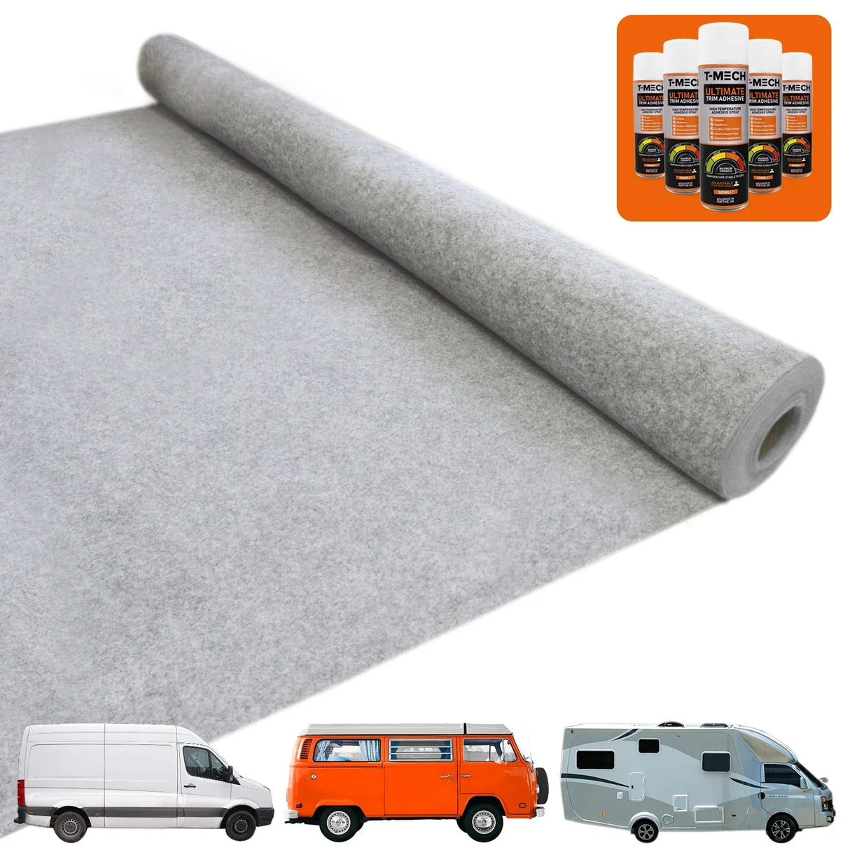 Silver grey van carpet lining roll with a soft texture, accompanied by five adhesive cans, ideal for vehicle interior upgrades