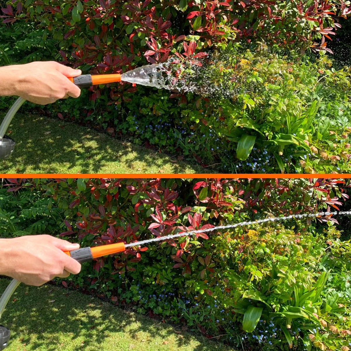 Retractable 20m hosepipe in use, spraying water from a black and orange nozzle, surrounded by vibrant green garden foliage