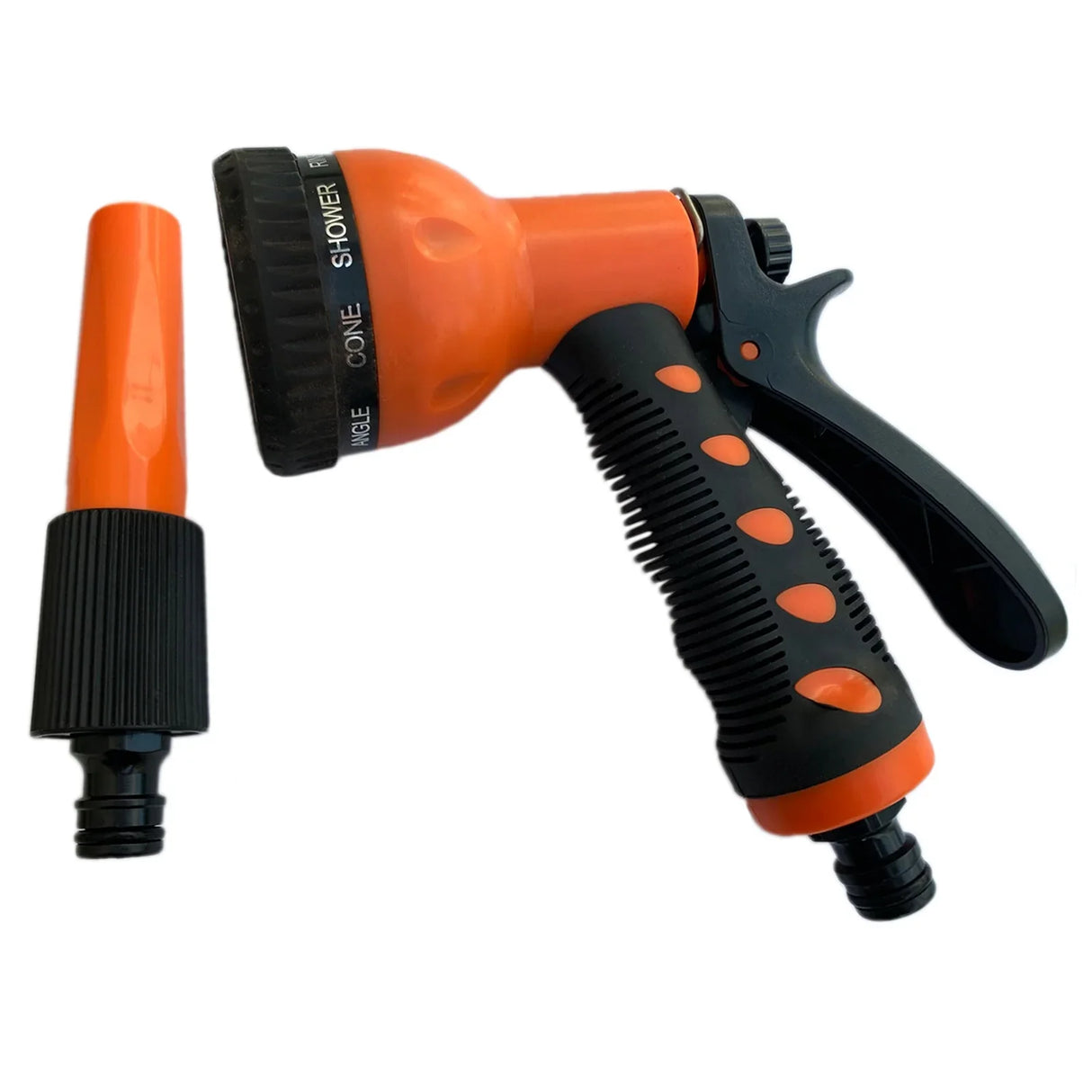 Retractable 20m hosepipe with an ergonomic orange and black spray nozzle featuring multiple settings for versatile watering