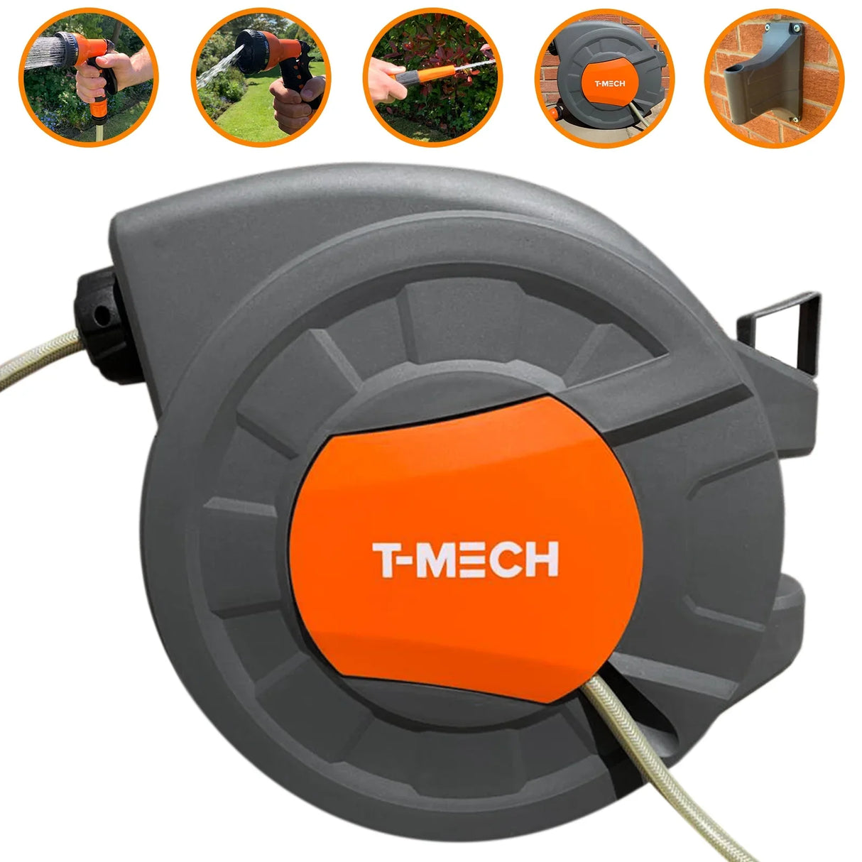 30m retractable hosepipe in gray and orange, featuring a sturdy reel design, ideal for easy watering and garden maintenance