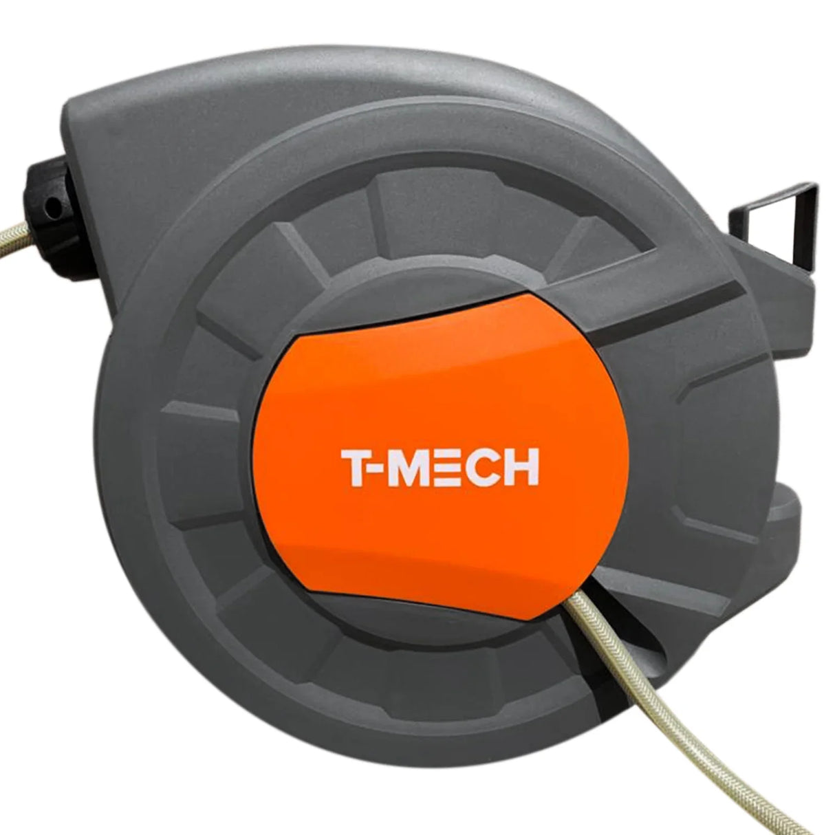 30m retractable hosepipe in gray with an orange T-MECH logo, featuring a durable casing and easy-grip handle for convenient use