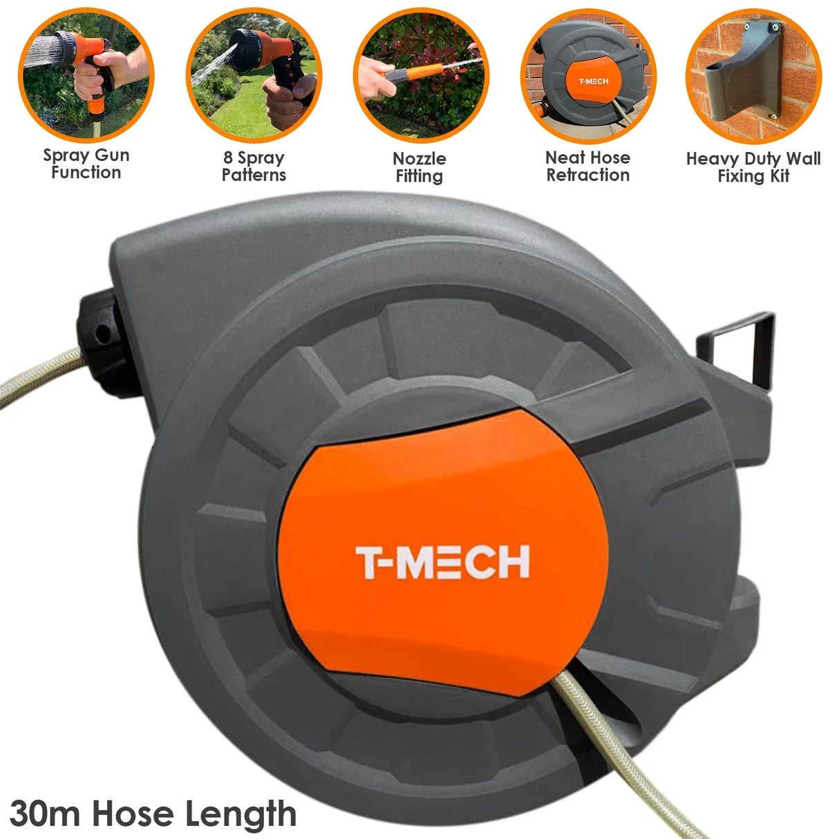 30m retractable hosepipe with a durable gray casing, orange accents, and a spray gun featuring 8 spray patterns for versatile watering