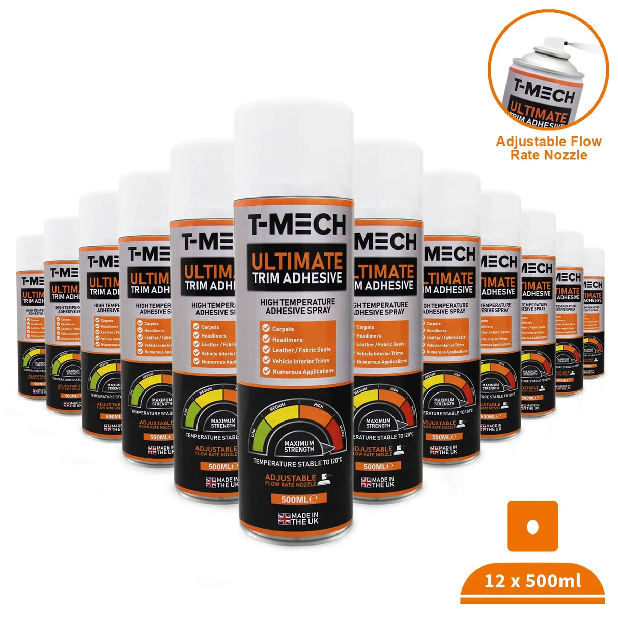 T-Mech Ultimate Trim Adhesive set featuring 12 cans, each 500ml, with adjustable flow nozzle and vibrant orange and black packaging