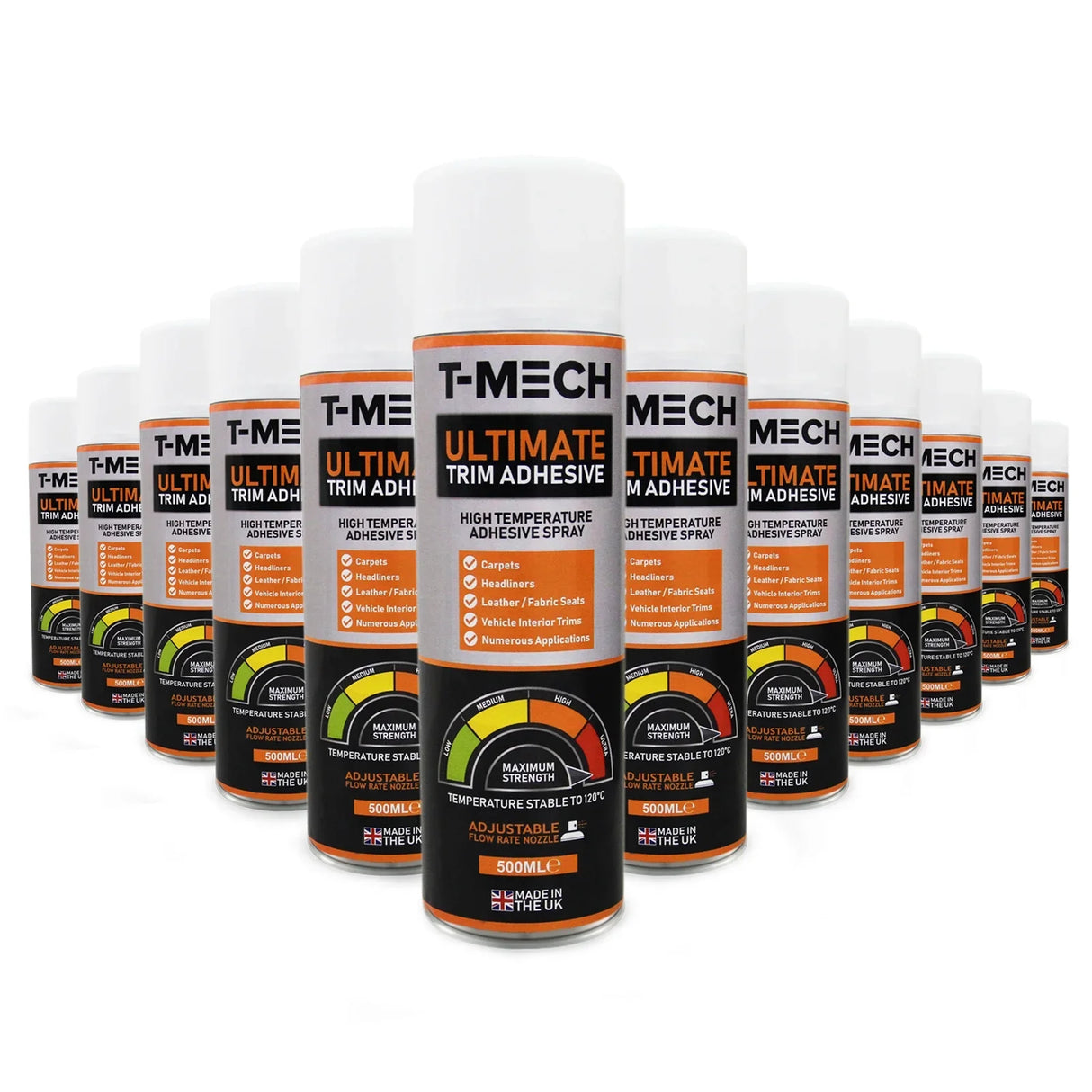 T-Mech Ultimate Trim Adhesive, 12 cans of 500ml each, featuring a sleek white spray can design with bold orange and black labels