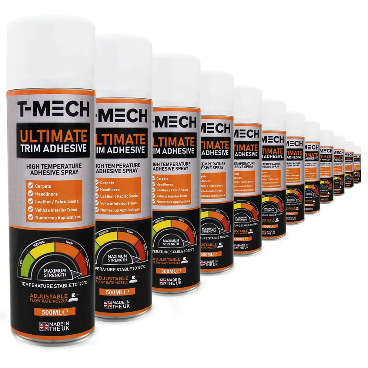 T-Mech Ultimate Trim Adhesive spray cans, 12 x 500ml, featuring a sleek design with bold orange and black labels, ideal for various applications