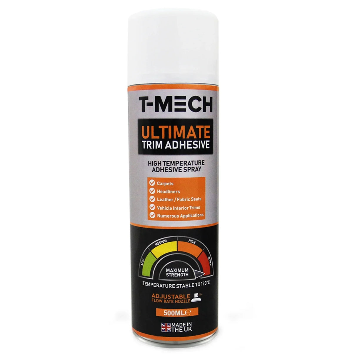 T-Mech Ultimate Trim Adhesive spray can, 500ml, featuring a sleek white cap, bold black and orange label, and temperature stability details